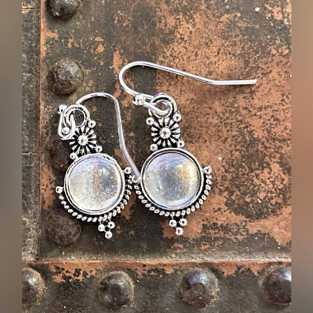 Silver Dangle Earrings with Clear Cabochons and Flowers Boho Style